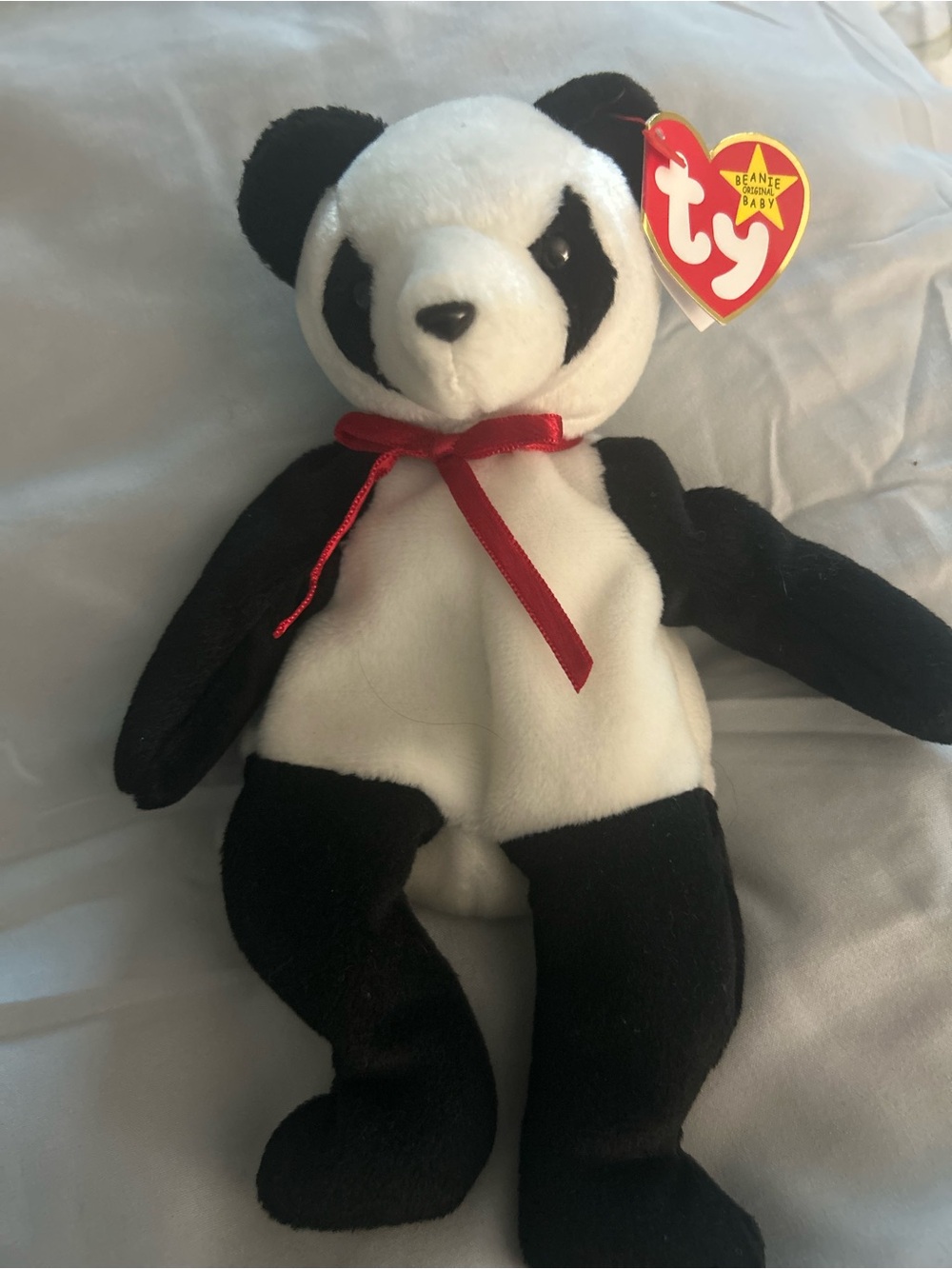 Ty Black and White Panda Plush with Red Bow - Picture 1 of 3